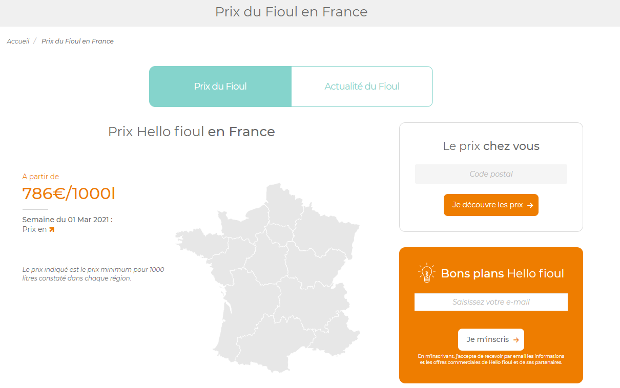 Page Prix du fioul en France sur notre site